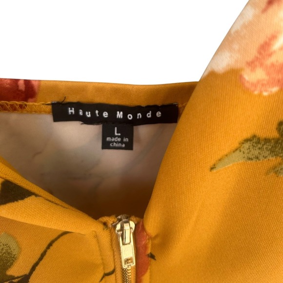 Haute Monde Mustard Yellow Floral Party 90's Wedding Guest Bodycon Mini Dress L - Picture 5 of 5